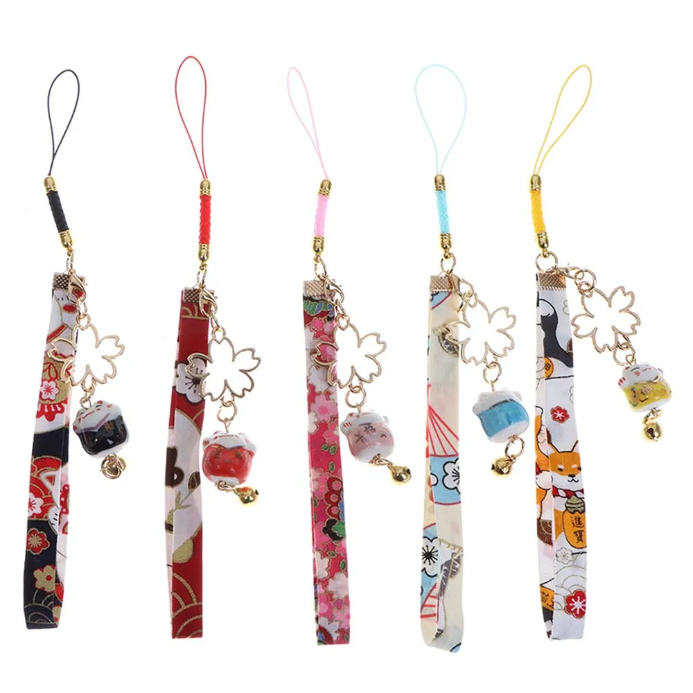 Japanese Flower Pattern Ceramic Fortune Cat Keychain Bell Pendant Cell Phone Lanyard Anti-Lost Key Ring Girls Jewelry Gifts