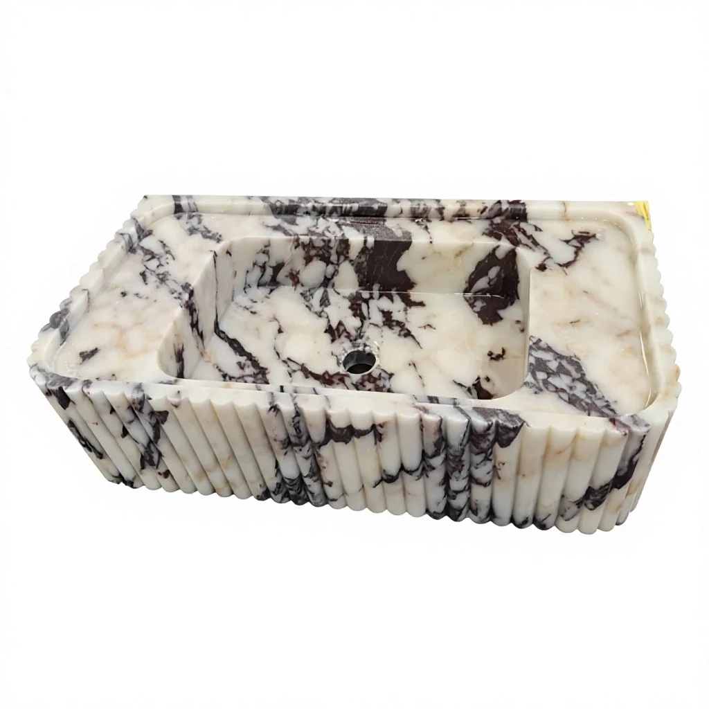 Modern Calacatta Viola Marble Wall Mounted Fluted Square Vanity Top Sinks For Hotels Villas Mansions Bathrooms