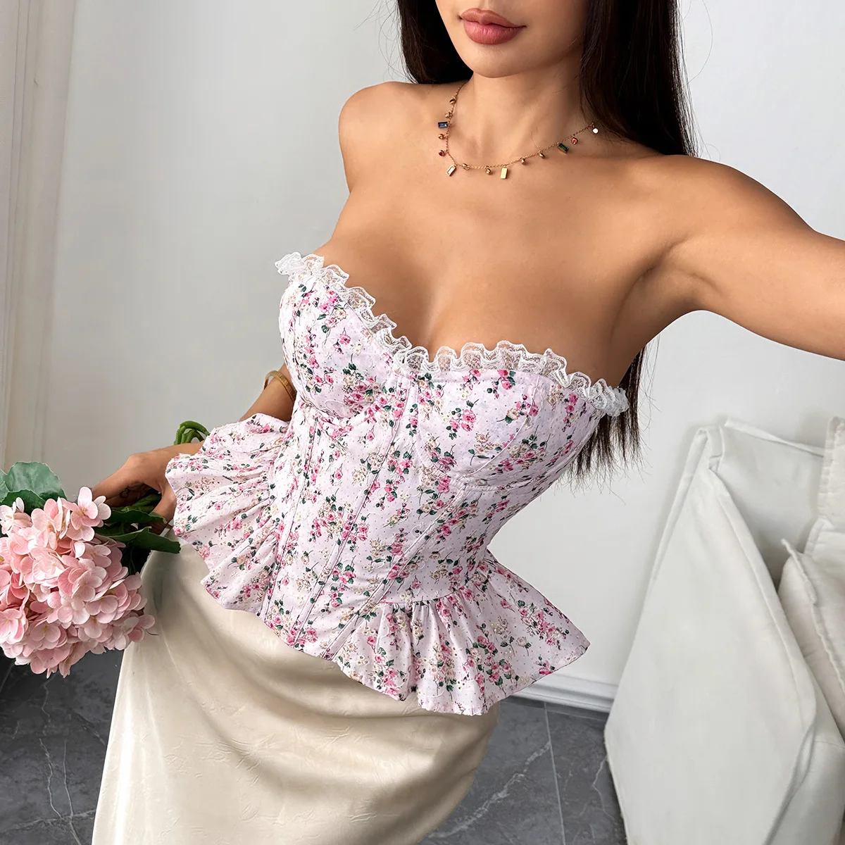 Damen Süßes Blumenmuster Trägerloses Korsett-Bustier-Top mit Stahlbügeln, Spitzenbesatz und Rückenverschluss – Figurformendes Outfit für Party und Cottagecore-Look – Detail 16