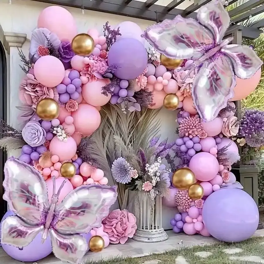 172-pcs Purple Butterfly Theme Aluminum Foil Balloon Garland Set with Curling Ribbon for Birthday Wedding Holiday Parties