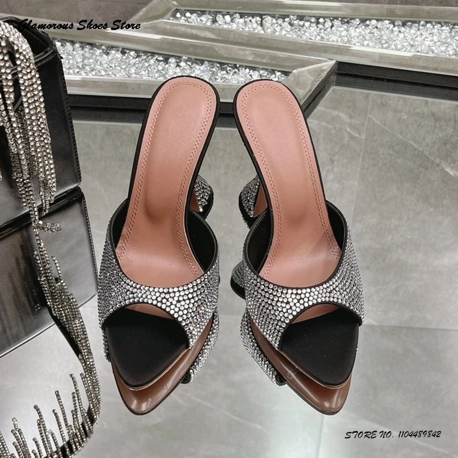 

Stylish Crystal Embellished Mules for Women Pointed Open Toe Strange Style Heels Sandals Fashion Show Runway Modern Slippers