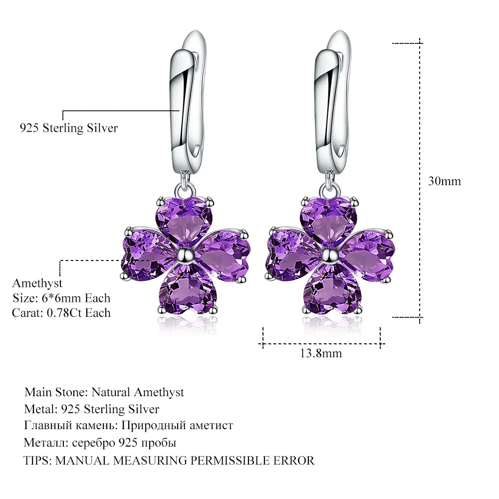 

real brand genuine jewels Natural Amethyst Premium Light Luxury Love Shaped s925 Silver Inlaid Earrings high quality