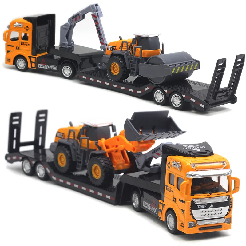 New 1:50 alloy flatbed truck transporter model,simulation trailer engineering vehicle toys,excavator roller toys,wholesale