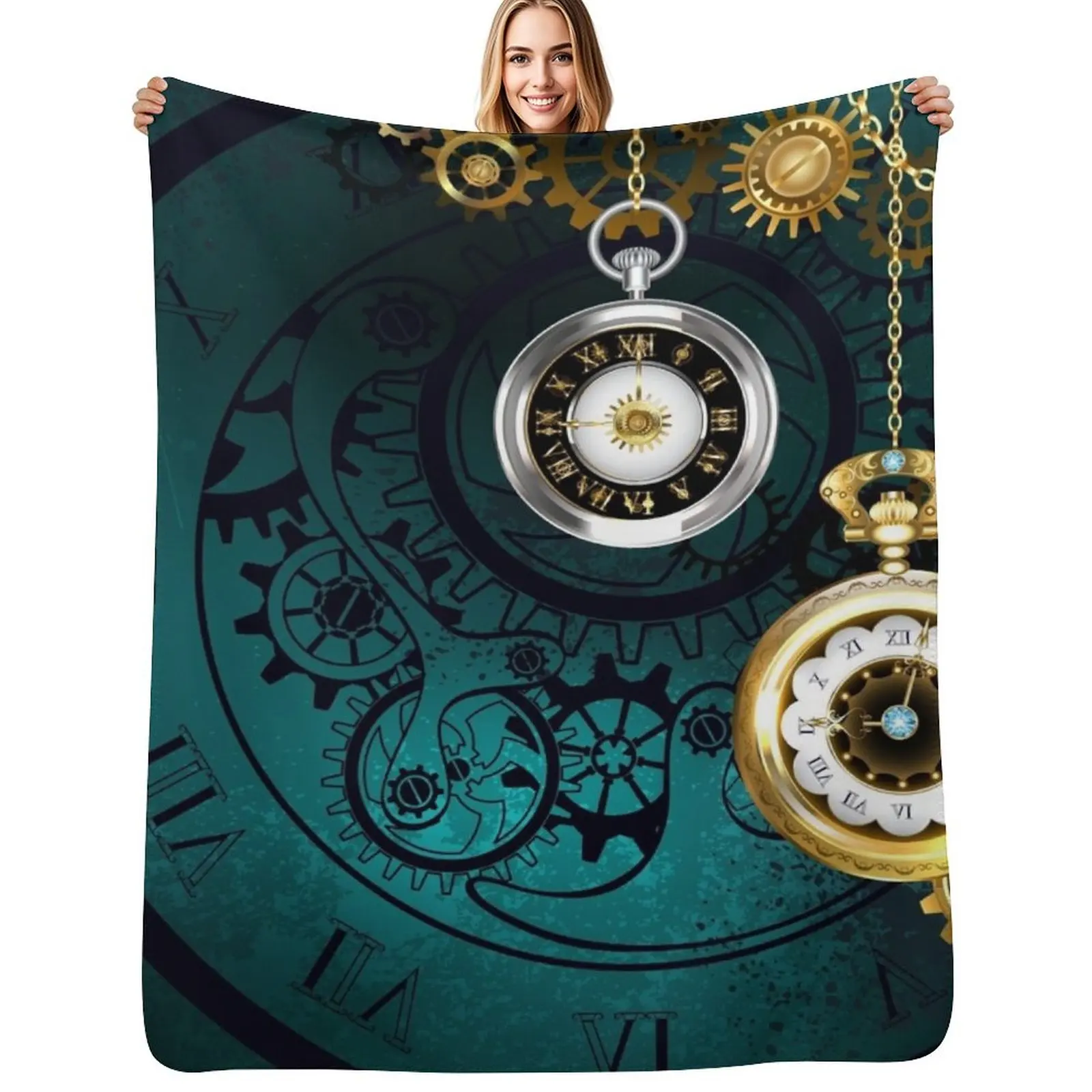 Clock with Gears on Green Background ( Steampunk ) Throw Blanket Stylish Decor Blanket Gift for Friends Roommate