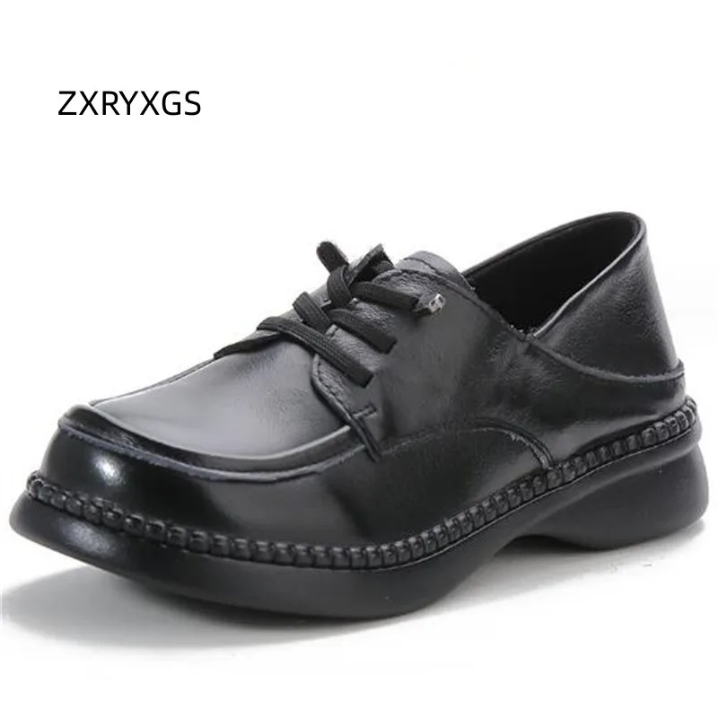 

ZXRYXGS Sales Promotion British Style Women Genuine Leather Shoes 2023 Autumn Lace-up Elegant Comfortable Women Shoes Flat Shoes