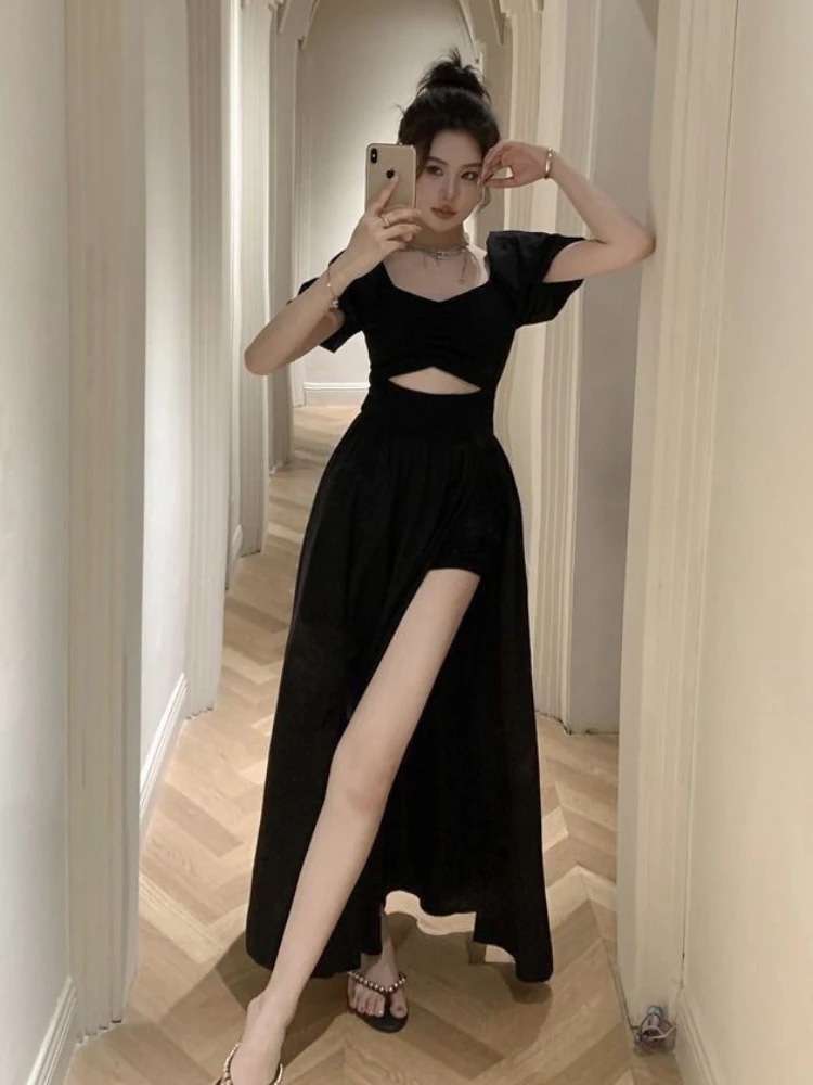 Black Maxi Dress Women Hollow Out Gentle Vintage A-line Summer French Style Graceful Chic Partywear Vestidos Fairycore Designed