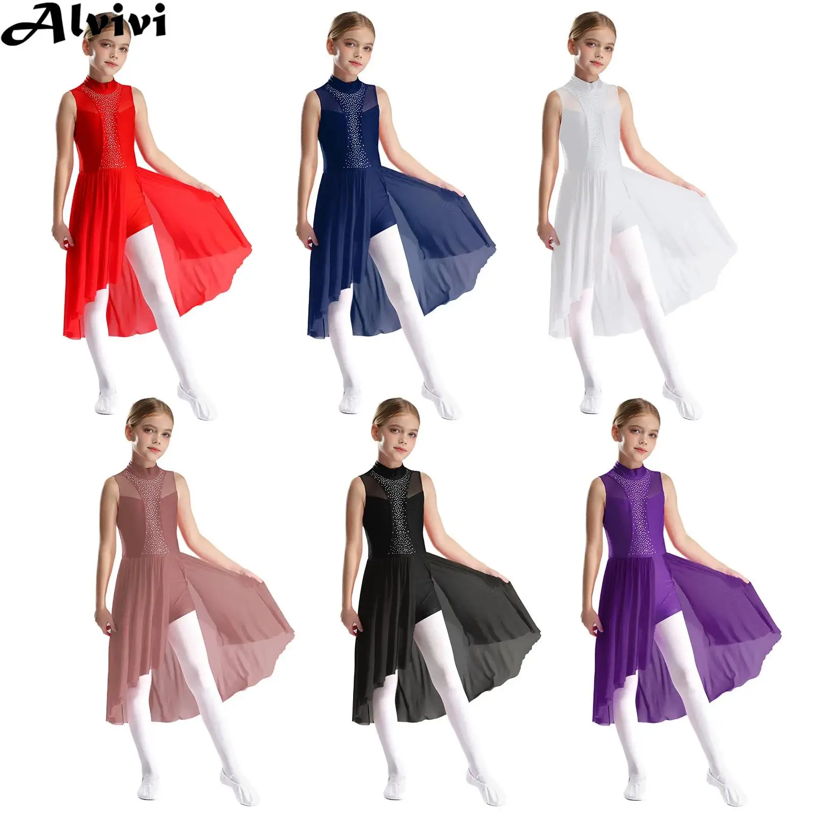 

Kids Girls Modern Lyrical Dance Dress Sleeveless Shiny Rhinestone Mesh Leotard Dresses for Figure Skating Gymnastics Acrobatics