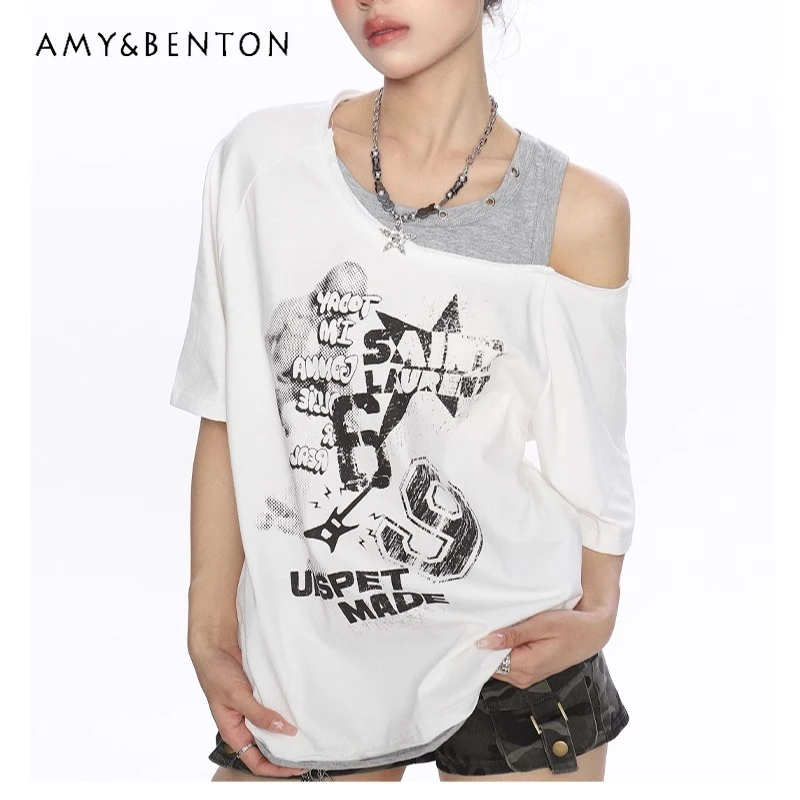 

Оригинальный дизайн, сексуальная горячая девушка с принтом граффити, женский топ из двух предметов с открытыми плечами и короткими рукавами, новая свободная универсальная футболка для девочек