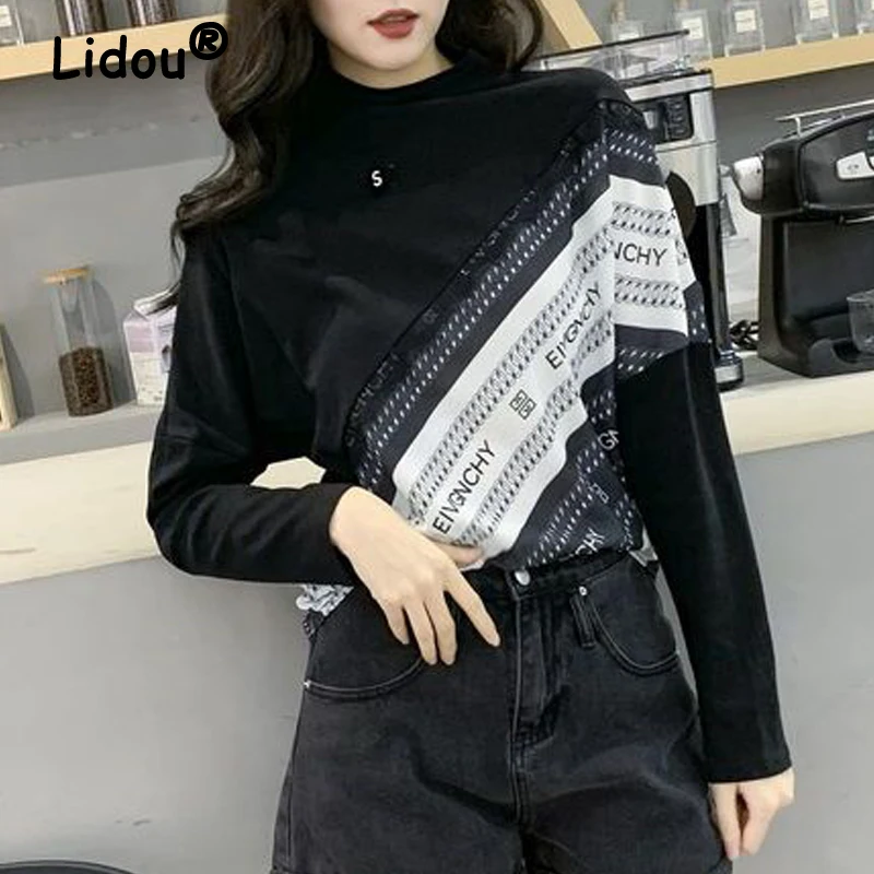 Autumn Winter Women Korean Fashion Print Patchwork Half High Collar T-shirt Female Casual Long Sleeve Loose All Match Basic Tops