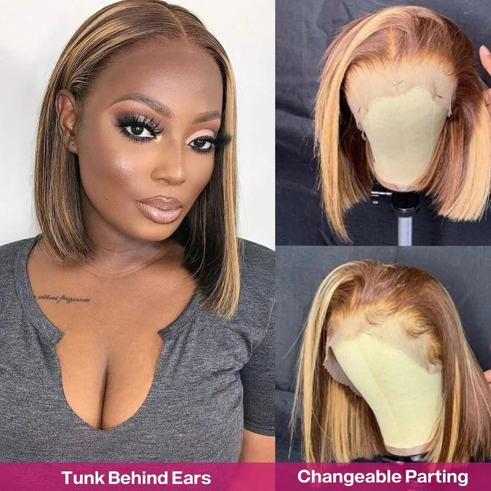 

Highlight Bob Wig Human Hair 6x4 HD Transparent Lace Front Bob Wigs Human Hair 4/27 Ombre Honey Blonde Straight Lace Wig