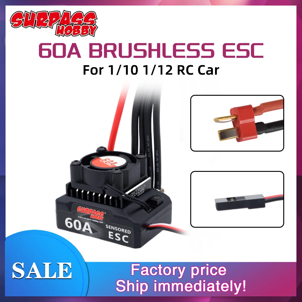 SURPASSHOBBY Brushless ESC 60A Sensored Brushless ESC 6V/3A BEC For 1/10 1/12 RC Car