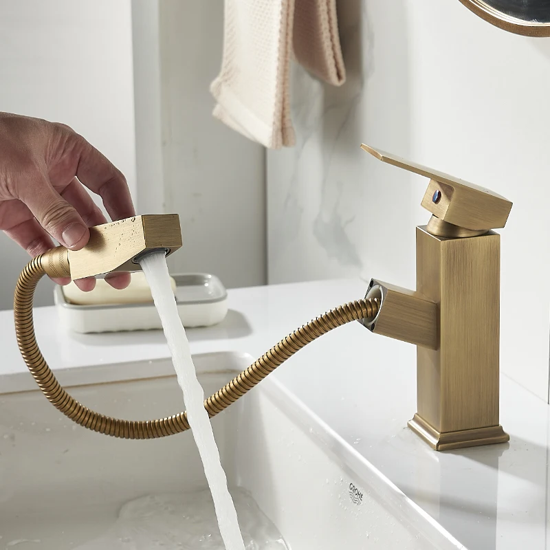 

All-copper antique pull-out basin, faucet, hot and cold bathroom, wash basin, washbasin on the table, retro and simple