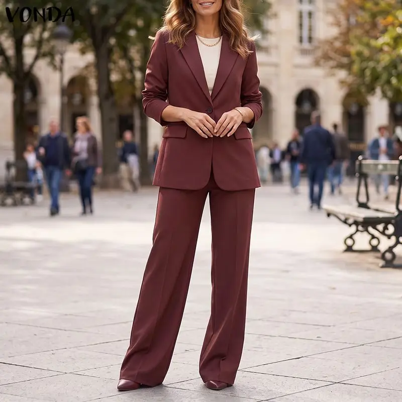 VONDA Women Two Piece Suit Pants Sets Long Sleeve Blazer Wide Leg Pants Solid Color OL Casual Work Office Autumn 2PCS Streetwear