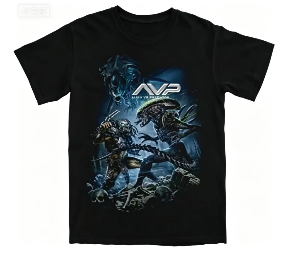 2026 new Fashion oversized T-shirt with letter logo. Two different alien creatures fighting in sci-fi art. Cotton top.