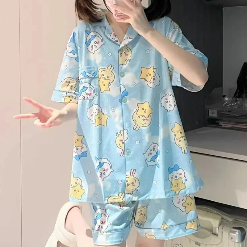 

Kawaii Miniso Chiikawa Pajamas Usagi Hachiware Cute Girl Summer Short Sleeved Shorts Pajamas Home Furnishings Girl Festival Gift