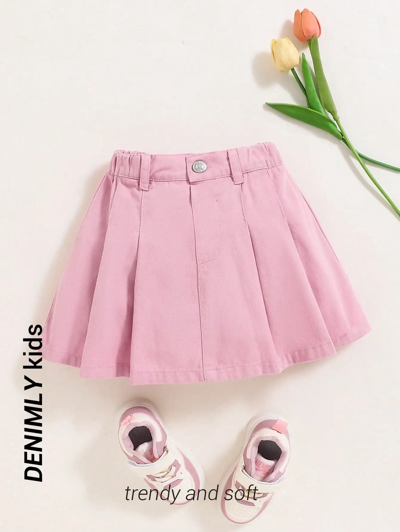 

Розовая плиссированная джинсовая юбка для девочек, из мягкой выстиранной ткани, для лета