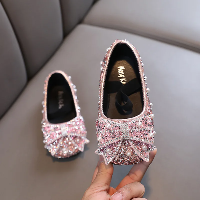 Children\'s Flats Kid\'s Single Shoes Fashion Girls Pink Rhinestone Bow Silver Princess Shoes Students Baby Party Show Shoes H791