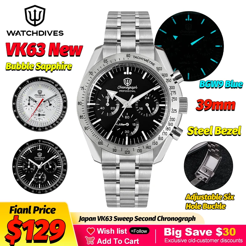 

Watchdives WD1863 Механические кварцевые часы Черные пространства VK63 Хронограф Спортивные часы Мужские водонепроницаемые часы с пузырьком и сапфиром