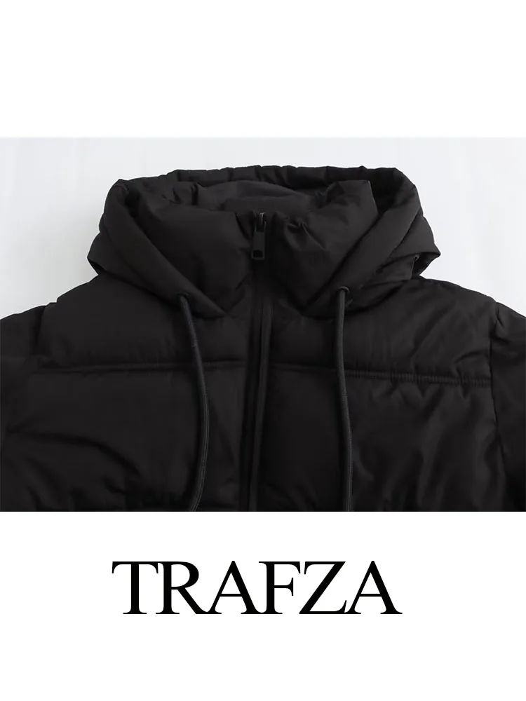 TRAFZA Winter Women Elegant Solid Hooded Cotton Coat Female Long Sleeve Zipper Pocket Decorated Short Drawstring Warm Jacket