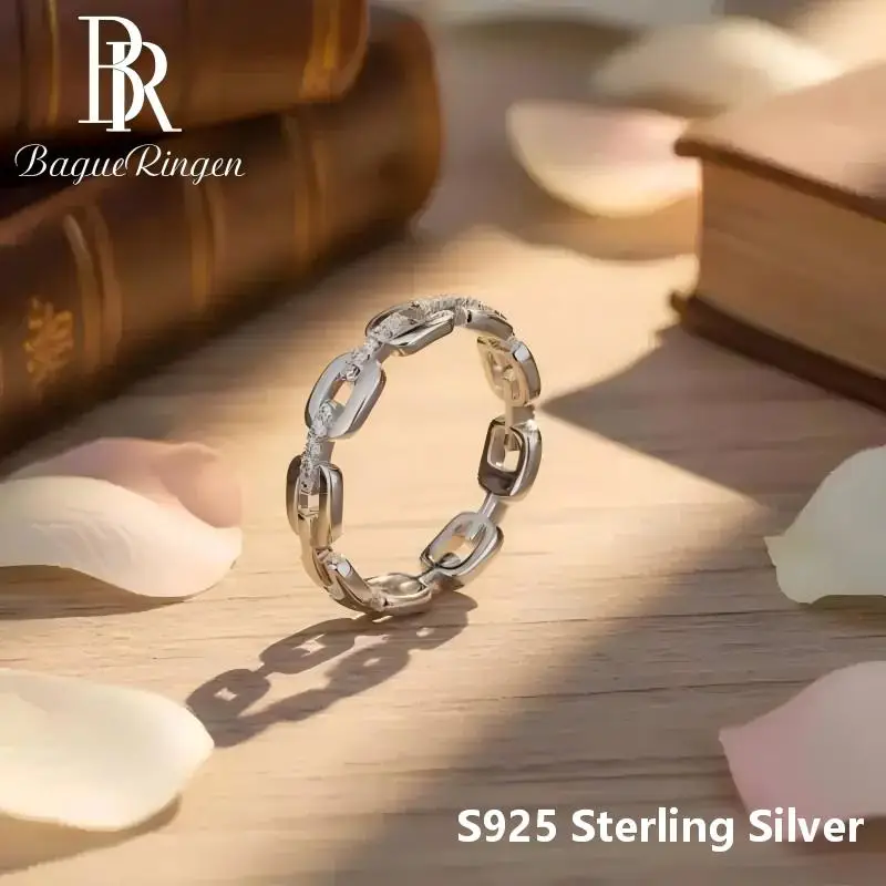 Live stream micro-inlaid narrow chain ring s925 silver moissanite women's closed chain ring, fashionable and simple