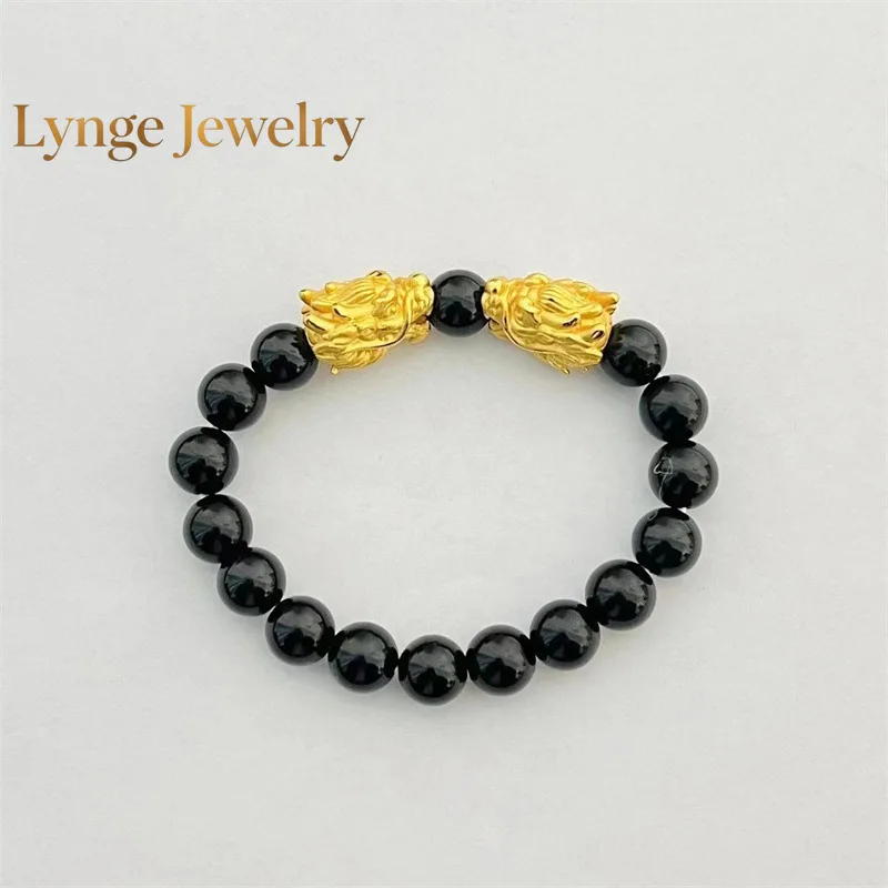 Lynge Jewelry 24K Real Gold Jewelry Double Dragon Obsidian Bracelet Handle Beaded Zodiac Dragon Head AU 9999 Bracelet