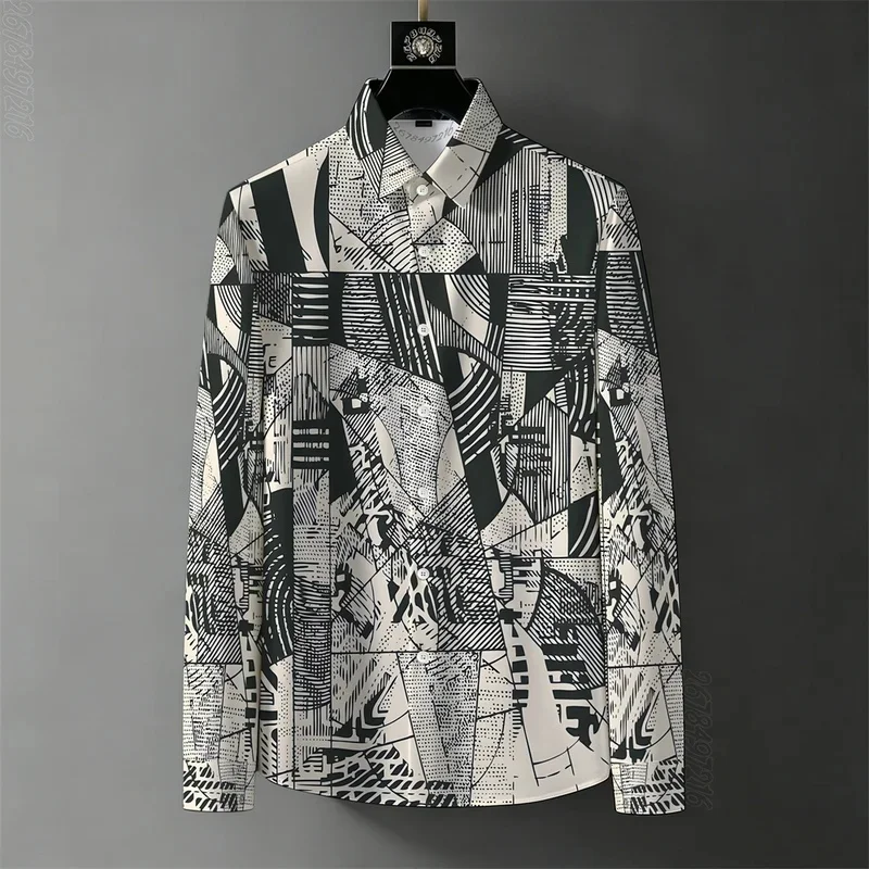 Spring/Autumn New Men's Business 3D Printed Long-Sleeve Shirt, Retro Baroque Color Block Wrinkle-Free Casual Shirt