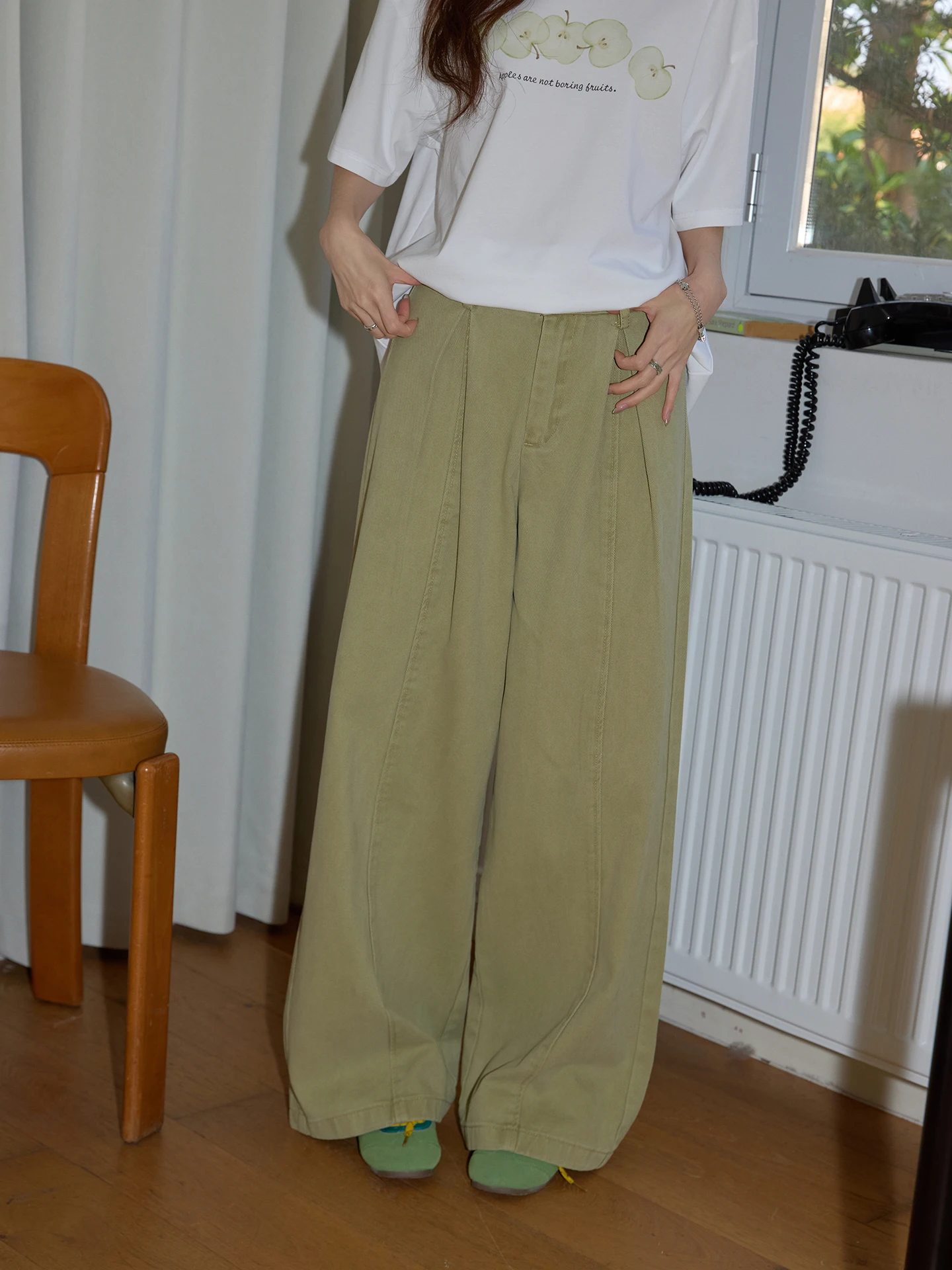 

High Waist Wide Leg Straight Cut Green Denim Jeans Casual Summer Long Pants for Women Retro Style Floor Length Loose Fit