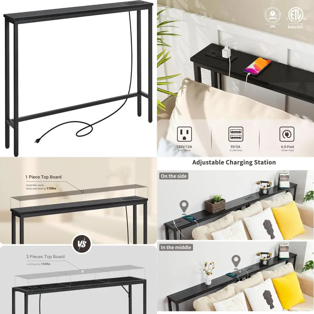 

5.9 Slimline Console Sofa Table with Built-In Power Outlets, 39.4 W x 31.1 H, Black, Metal Frame, 6.5' Cord