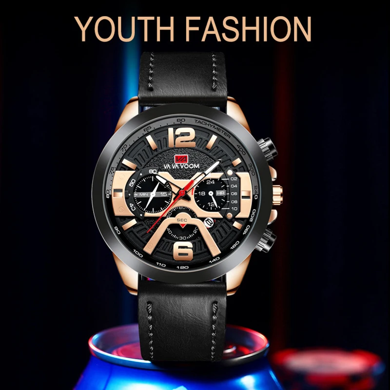 Waterproof Men Wristwatches Business Genuine Leather Strap Casual Quartz Watch For Man Sport Rose Gold CalendarClock Male Luxury