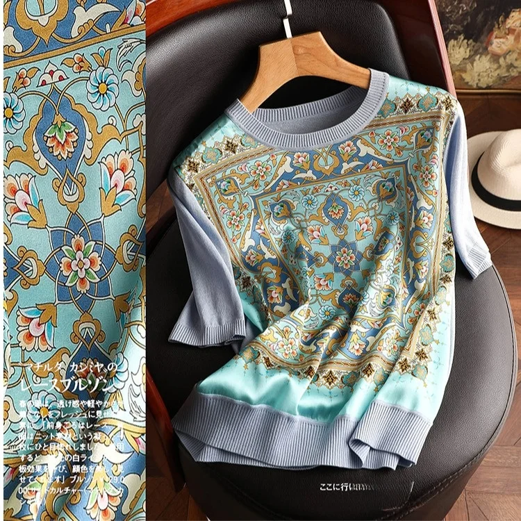 Silk Printed Splice Knitted T-irt ort Sve Women's Faion Outlet Store Bright Tead/Bead Commute Sle Polyester Nylon