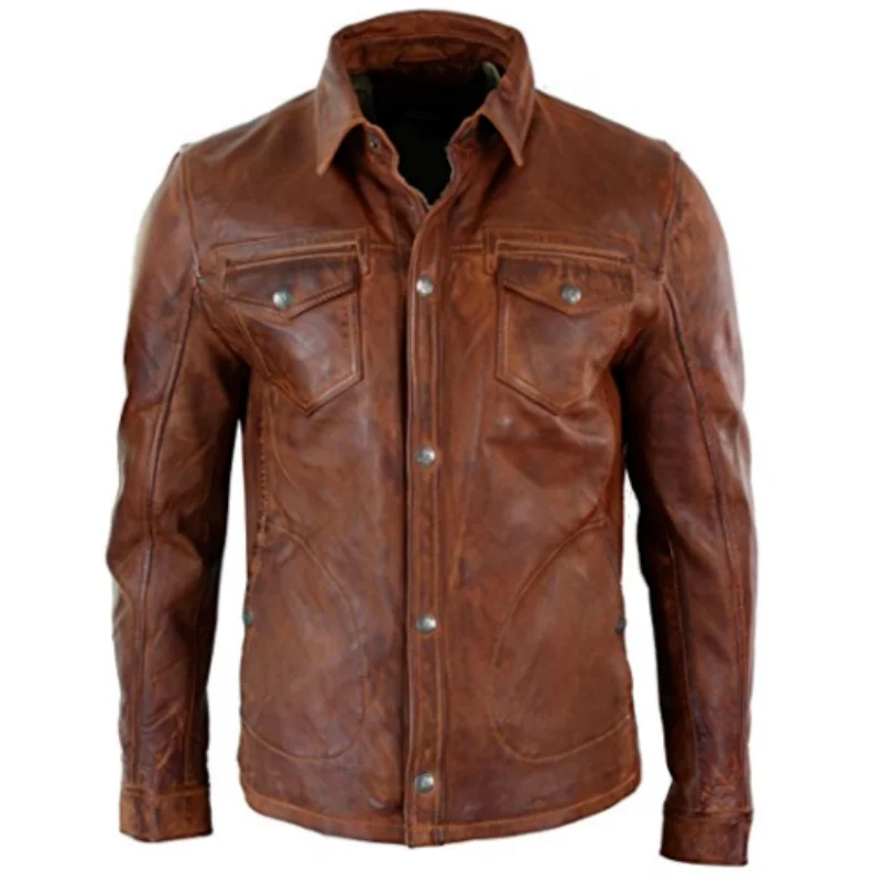 Soft Genuine Waxed Leather Shirt Mens Jacket Brown Shirt