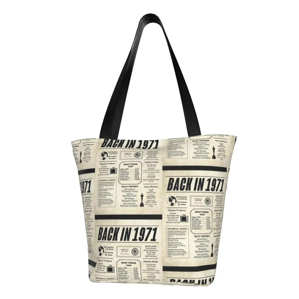 

Newspaper Print Shopper Bag 1971 Story Events School Handbags Women Print Shopping Bags Novelty Cloth Tote Bag