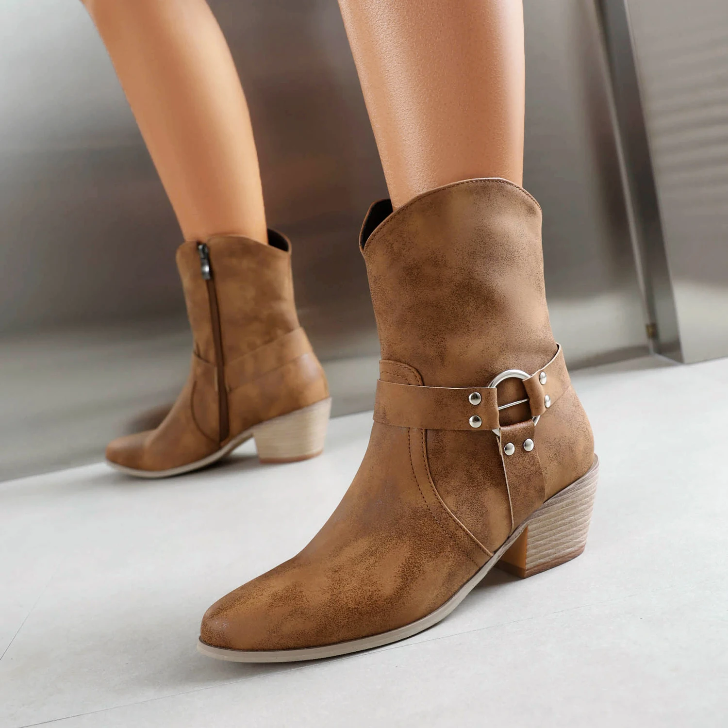 Plus Size Circular Metal Buckle Strap With Wood Grain Thick Heel Classic Vintage Western Boots Zipper Slip Women's Boots