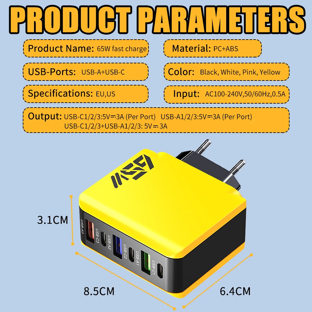 携帯電話用USB急速充電器,65W,タイプC,6ポート,PD,急速充電,iPhone, Xiaomi, Samsung用電源アダプター