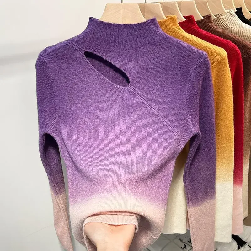 Half Height Collar Sweater Knitting Bottoming Shirt Ladies Interior Lapping Autumn Winter Fashion Gradient Color Hollow Out Tops