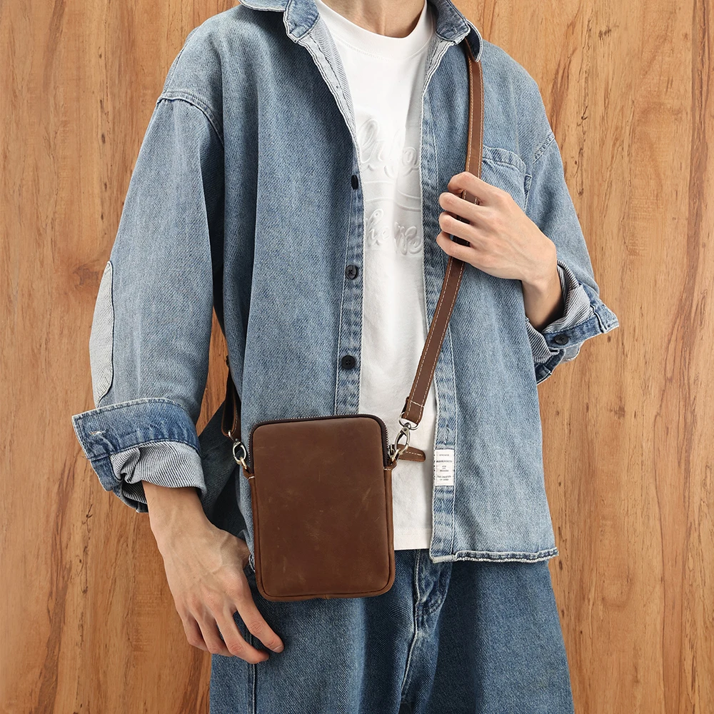 JOGUJOS Vintage Crazy Horse Leather Men\'s Crossbody Bag Genuine Casual Travel Small Messenger Cell Phone Purse Shoulder Bag