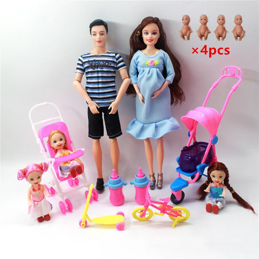 Family Couple Dolls Pregnant Mom Doll Stroller Bed Accessories Baby Girl Ken Playset Kids Pretand Play Toys Girls Gifts