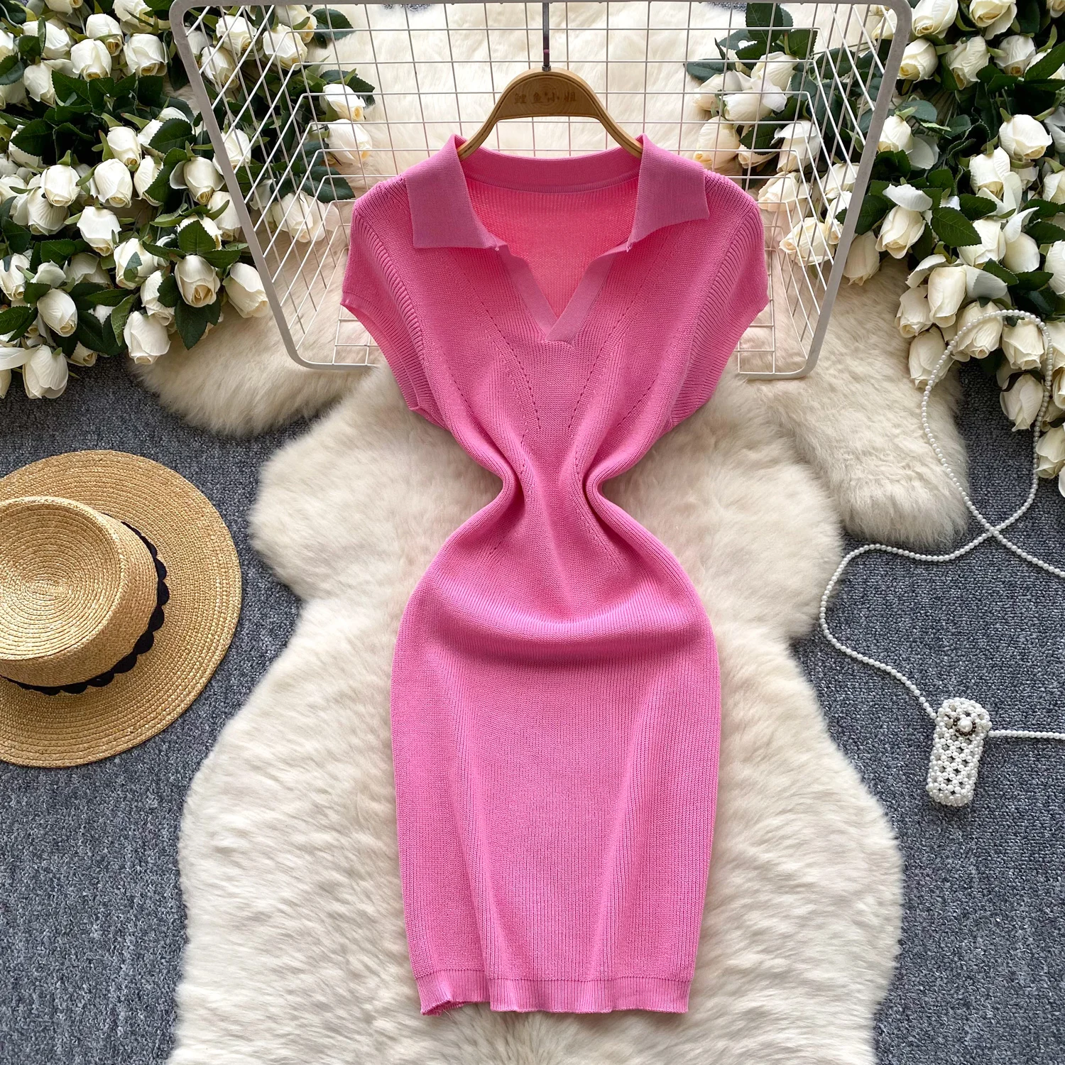 New Summer 2025 Women Dress Elegant Turn Down Collar White Black Knitted Bodycon Dress Korean Office Lady Vestidos