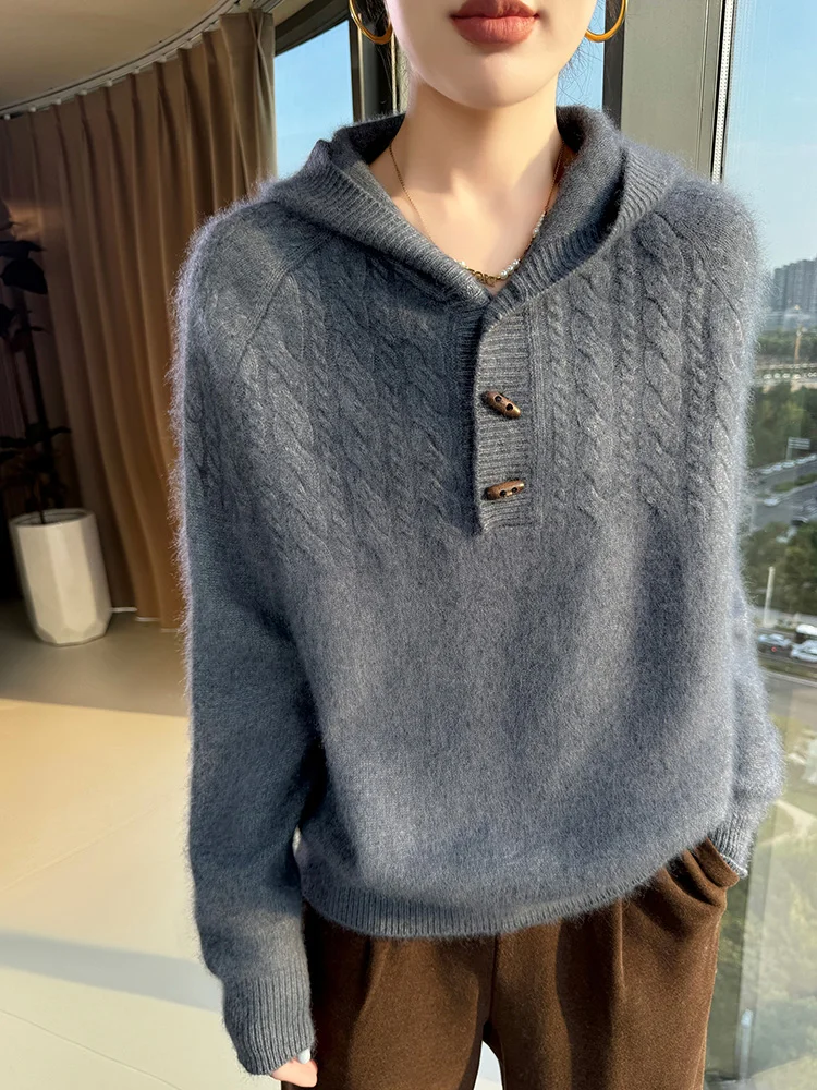 

TLOML Women's 100% Mink Cashmere Sweater Hooded Buttons Pullover Autumn Winter Soft Warm Cable Kint Knitwear Casual Loose Tops
