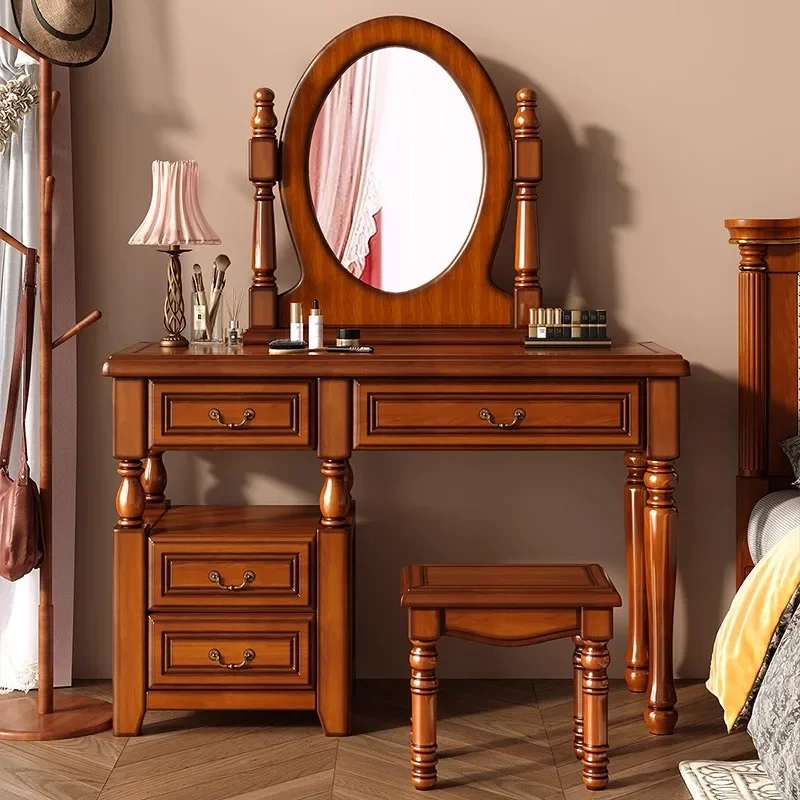 q^-Brown Hidden Makeup Vanity Desk Luxury Drawer Grey Mirror Makeup Vanity Desk Vintage Modern Kaptafel Furniture For Bedrooms*.