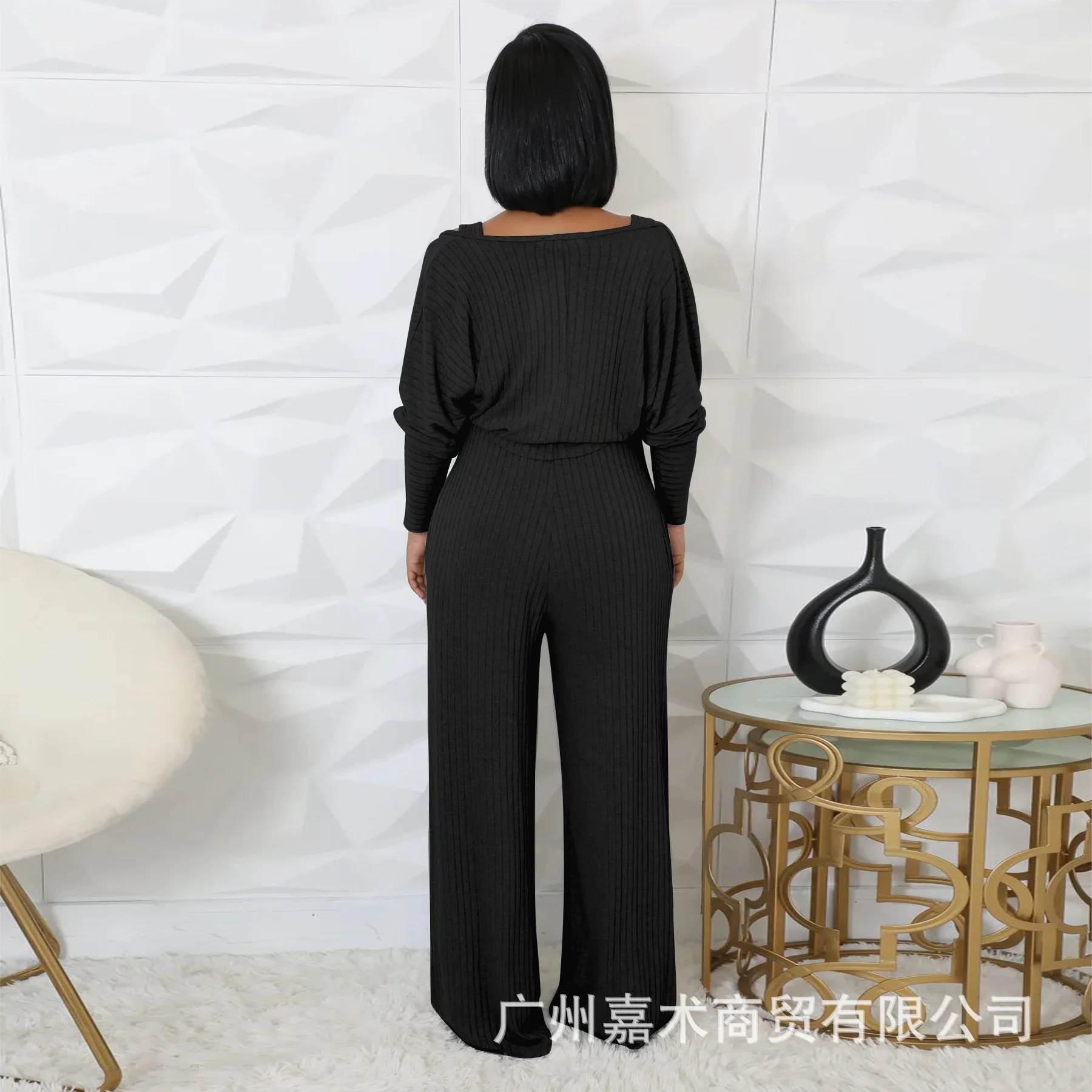 2025 Американские европейские новые модные женские повседневные модные однотонные комплекты из 2 предметов, эластичные свободные комбинезоны с широкими штанинами и длинными рукавами