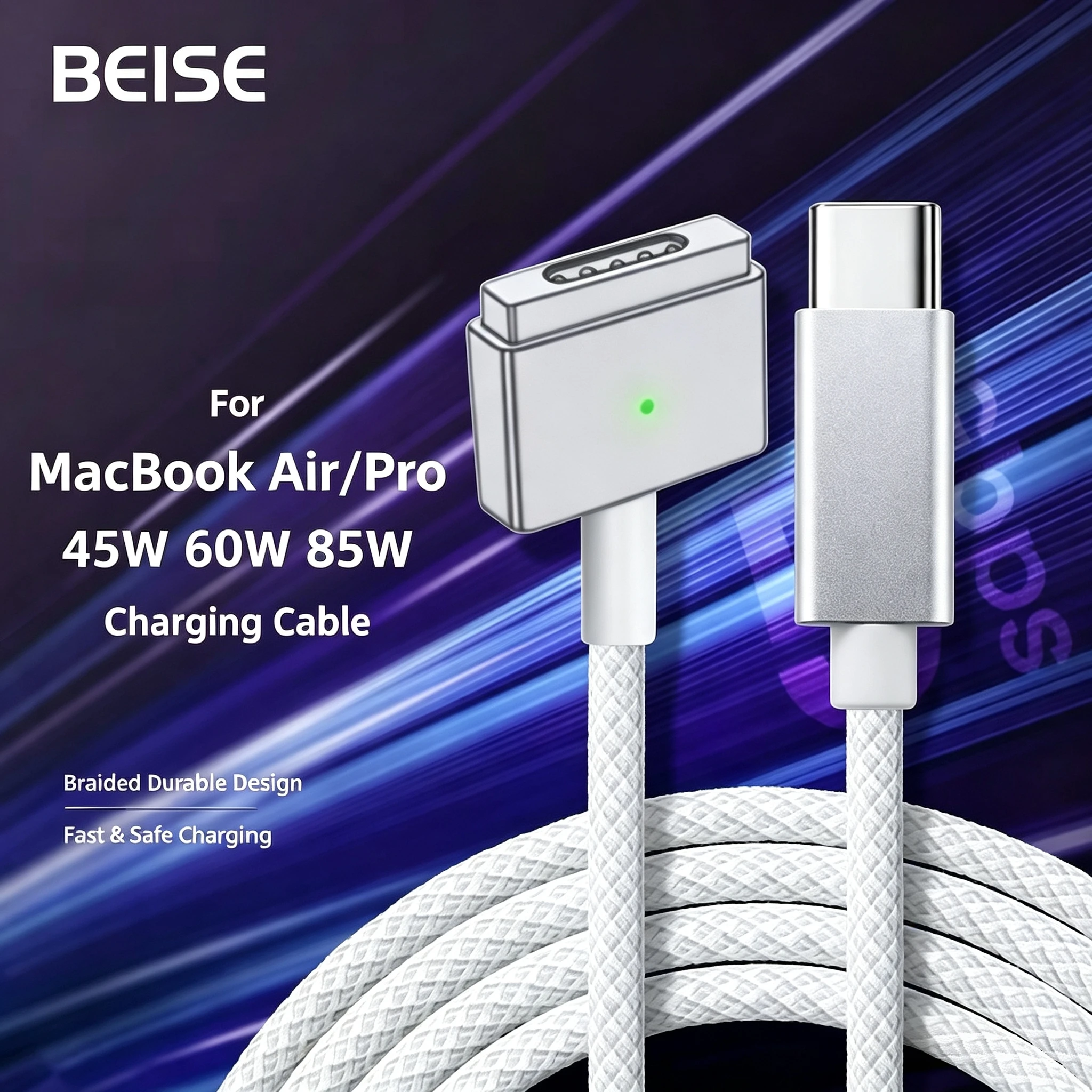 BEISE Mag1 & Mag2 Magnetic Charging Cable T-L Tip Braided Cord For MacBook Pro Air Retina 11 13 15 Inch 2008-2015 85W 60W 45W