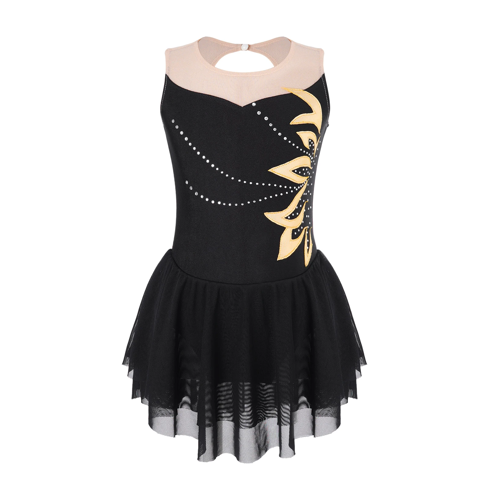 

Kids Girls Figure Skating Dress Gymnastics Ballet Dance Tutu Leotrad Sleeveless Rhinestone Mesh Performance Dancewear Costumes