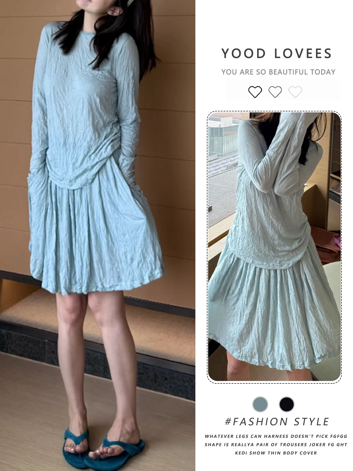 

Korean Laid-back Texture Irregular Pleated round Neck Full Sleeve Elastic Waist A-line Inner Short Skirt Set Women's Fashion