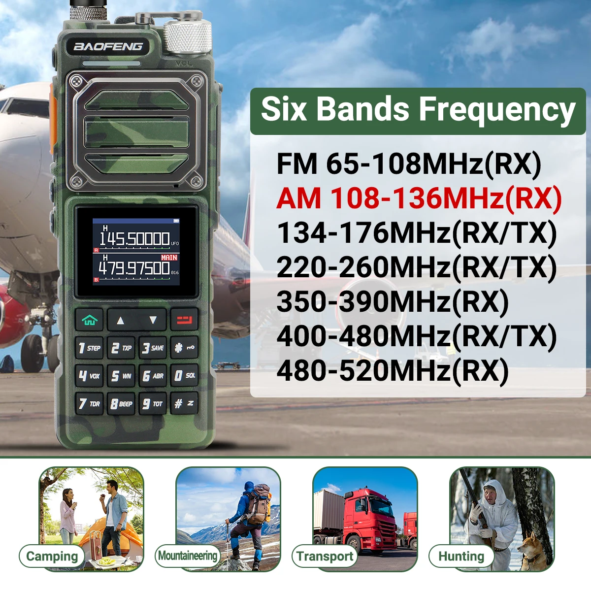 BAOFENG UV-25 Multi Band Walkie Talkie Air Band 10W 5200mAh Wireless Copy Frequency 999CH Type-C Charger NOAA Ham Two Way Radio