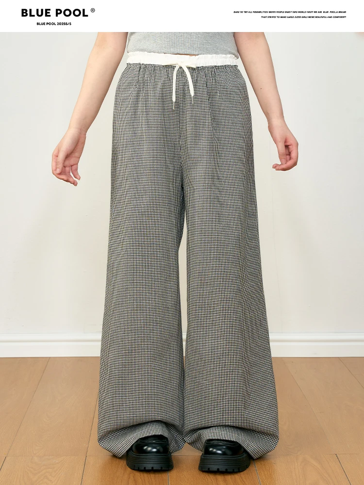 

Брюки BluePool больших размеров в корейском стиле, в клетку, повседневные, женские, с высокой талией, стройнящие, скрывающие недостатки фигуры, прямые, широкие штанины