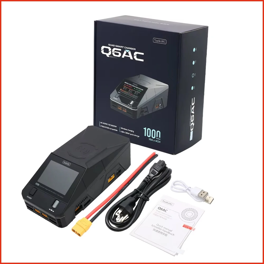 ToolkitRC Q6AC Charger AC 400W/ DC 1200W 4CH Built-in 65W USB Output 15W Wireless Charger For RC 1-6S Lipo LiHv Battery