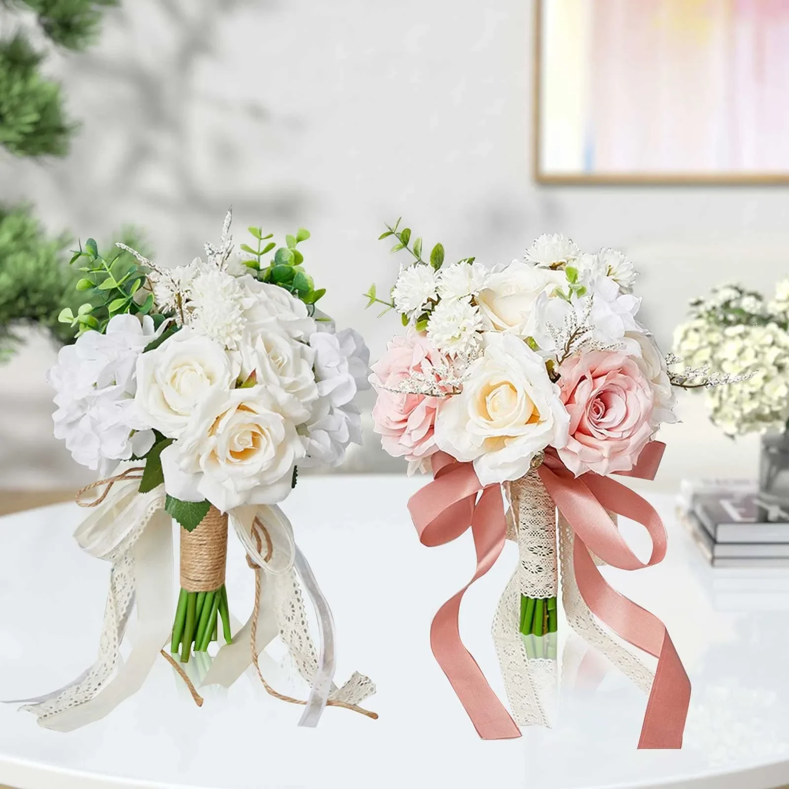 

Holding Flowers Artificial Natural Rose Wedding Bouquet With Silk Satin Ribbon Pink White Champagne Bridesmaid Bridal Party Comb