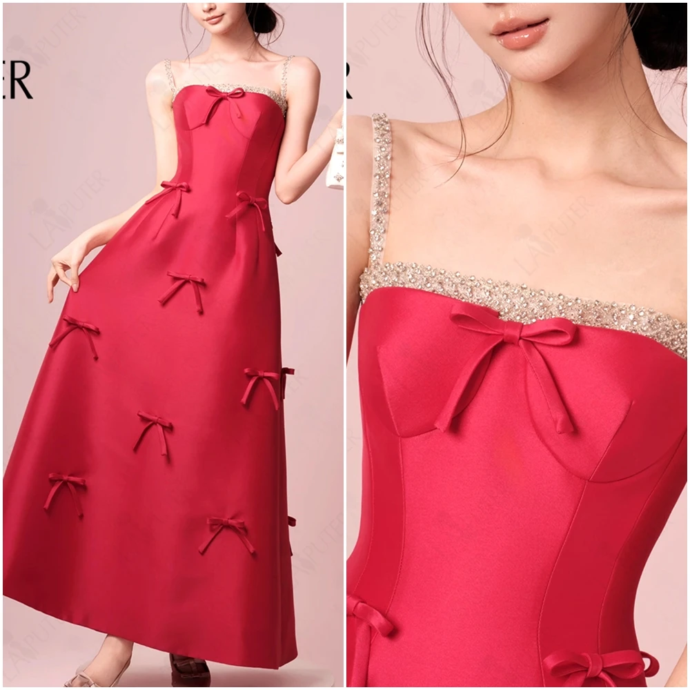 Fuchsia Satin A line Prom Dresses Tea Length Tiny Bow Knot Shoulder Strap Party Dress Crystal Beaded Cute Girl Evening Dress