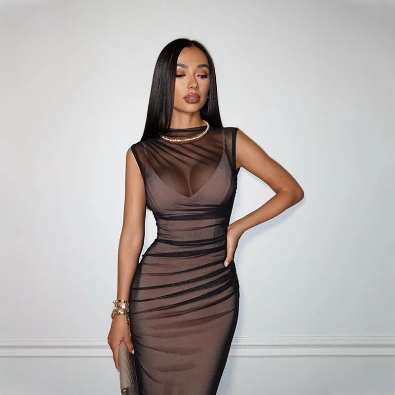 

Элегантное сетчатое прозрачное длинное платье без рукавов в европейском и американском стиле для женщин